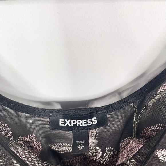 Express Womens XS Black Floral Embroidered Sheer Bodysuit Tank Top Scoop Thong - Picture 8 of 11